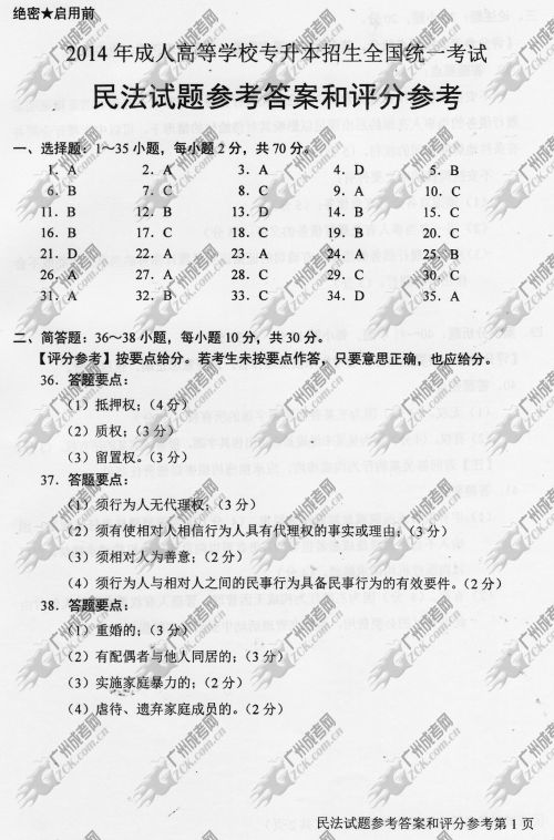 山东省成人高考2014年统一考试专升本民法真题(图1)