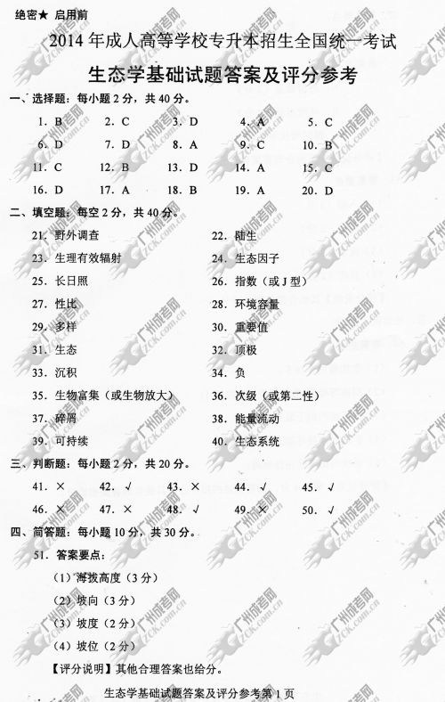 山东省成人高考2014年统一考试专升本生态学基础(图1)