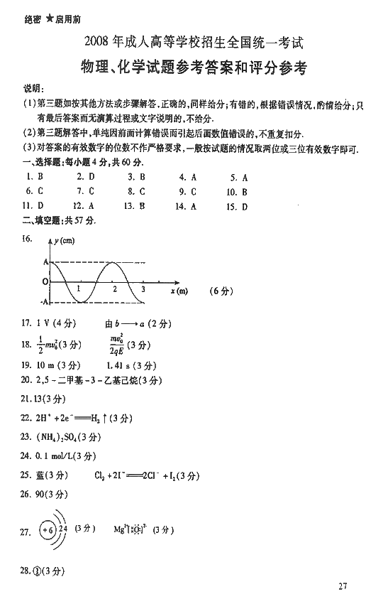 2008年成人高考高起点物理化学试题及答案